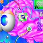 Иллюстрация мозга с электронными компонентами и глазами, символизирующая технологию.