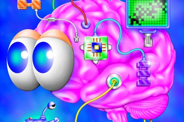 Иллюстрация мозга с электронными компонентами и глазами, символизирующая технологию.