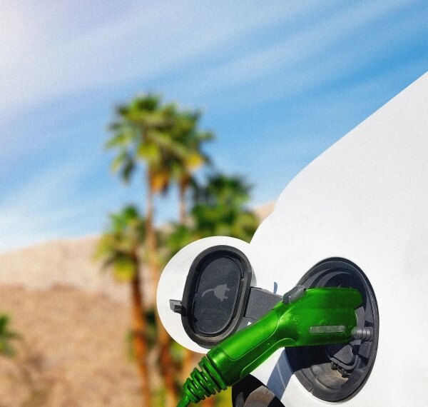 Электромобиль на зарядке на фоне пальм и голубого неба.