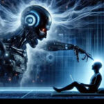 Человек с ноутбуком взаимодействует с гигантским роботом в цифровом мире.