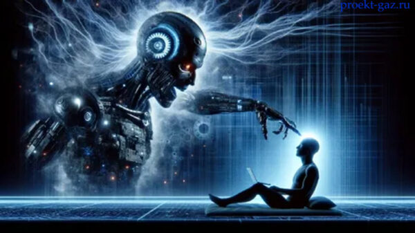 Человек с ноутбуком взаимодействует с гигантским роботом в цифровом мире.