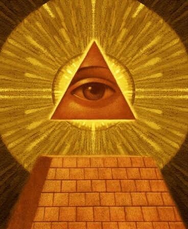 Око в пирамиде, символ иллюминатов, светится на золотом фоне.