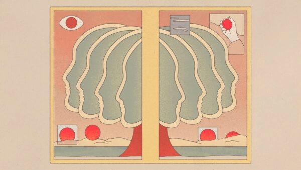 Абстрактное дерево с лицами, кружками и глазом в ретро-стиле на бежевом фоне.