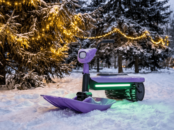 Фиолетовый снегоход в зимнем лесу, украшенном гирляндами, снег и елки.