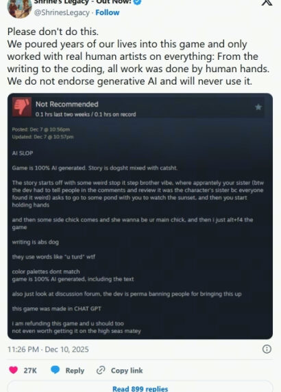 Пост с критикой игры, созданной ИИ, от разработчиков Shrine's Legacy.