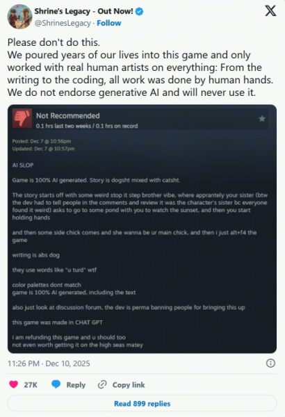 Пост с критикой игры, созданной ИИ, от разработчиков Shrine's Legacy.