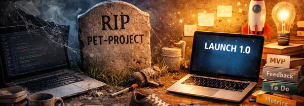 Кладбище стартапов: надгробие, два ноутбука, запись "Launch 1.0", ракета и лампа.