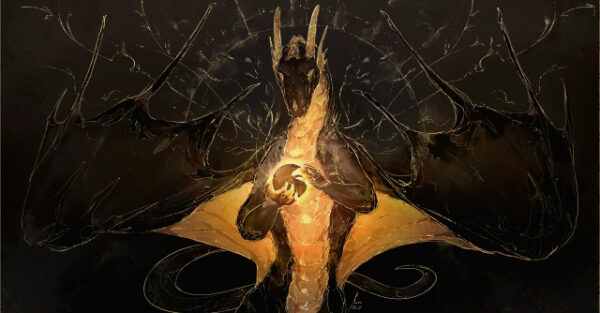 Мифический дракон с темным силуэтом держит светящийся шар в лапах на тёмном фоне.
