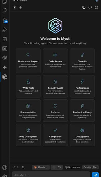 Интерфейс Mysti с функциями для код-ревью, тестов, оптимизации.