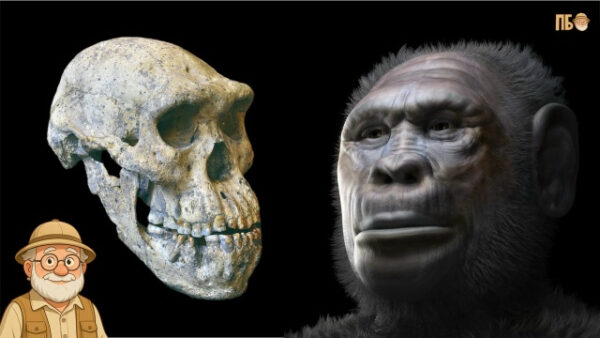 Череп Australopithecus и реконструкция облика, иллюстрация с исследователем.