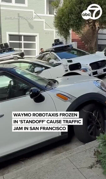 Пробка в Сан-Франциско из-за остановки роботакси Waymo.