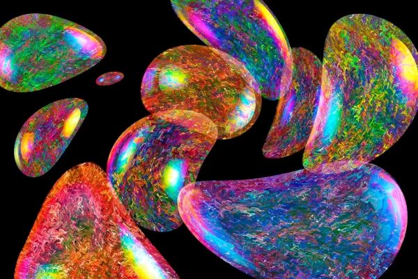 Яркие абстрактные формы в виде капель на черном фоне, радужные переливы.