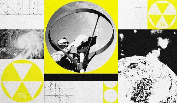 Коллаж с антирадиационным знаком, человеком в визоре и графиками в жёлтых тонах.