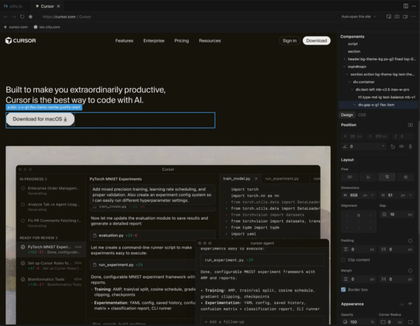 Интерфейс сайта Cursor с предложением скачать приложение для продуктивного кодирования.