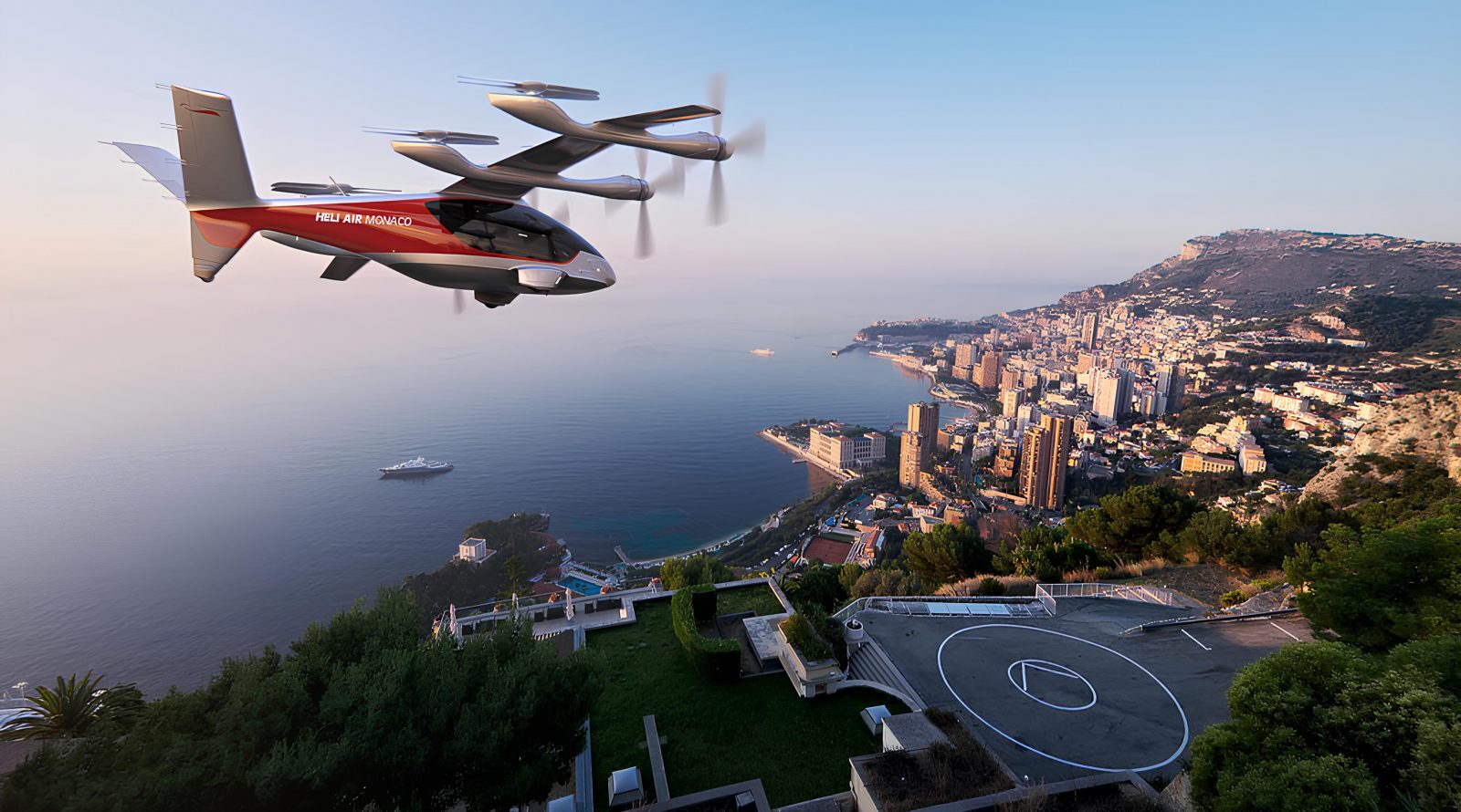 Электрический воздушный транспорт летит над побережьем города с видом на море и яхту.