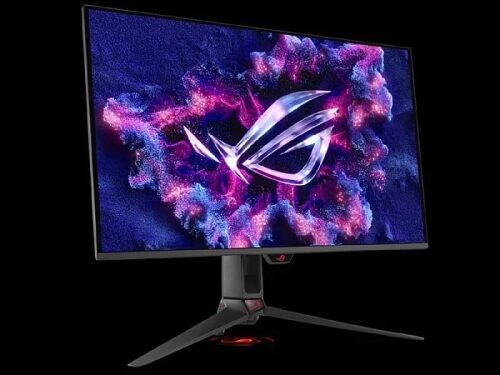 Игровой монитор ASUS ROG с ярким дисплеем и логотипом на черном фоне.