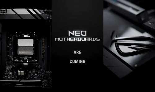 Анонс материнских плат NEO, изображение процессора AMD и логотипа производителя.