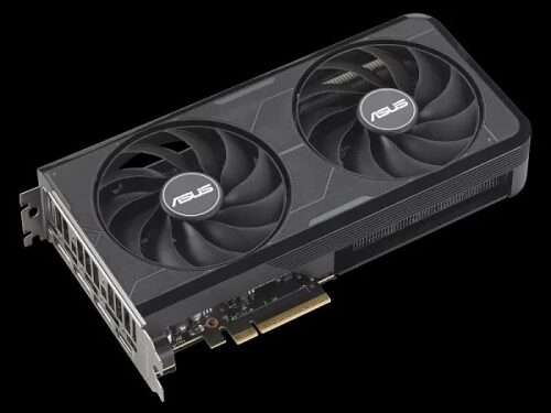 Видеокарта ASUS с двумя вентиляторами вид сбоку на чёрном фоне.