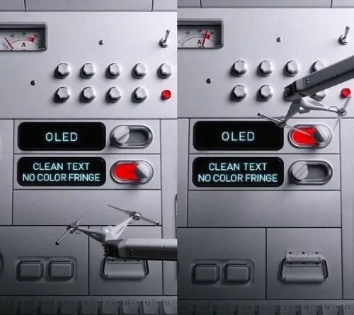 Панель управления с переключателями и надписями "OLED," "Clean Text, No Color Fringe".