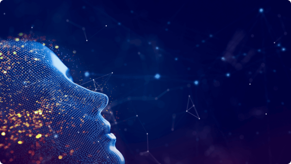 Цифровой профиль лица на фоне звезд и линий, символизирующий технологический прогресс.