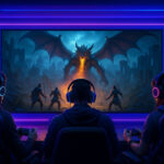 Геймеры играют в фэнтези-игру с драконом на большом экране, сидя в подсвеченной комнате.