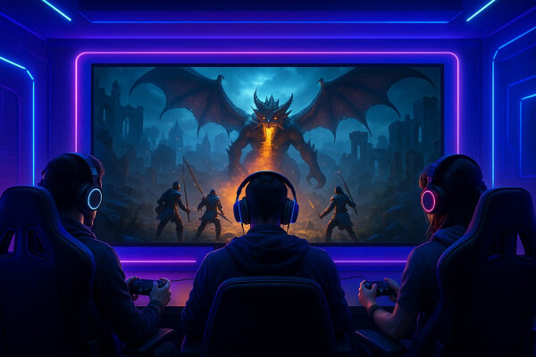 Геймеры играют в фэнтези-игру с драконом на большом экране, сидя в подсвеченной комнате.