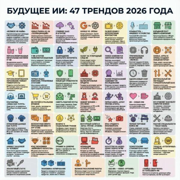47 прогнозов про ИИ на 2026 год: 11 Инфографика: 47 трендов в области искусственного интеллекта на 2026 год.