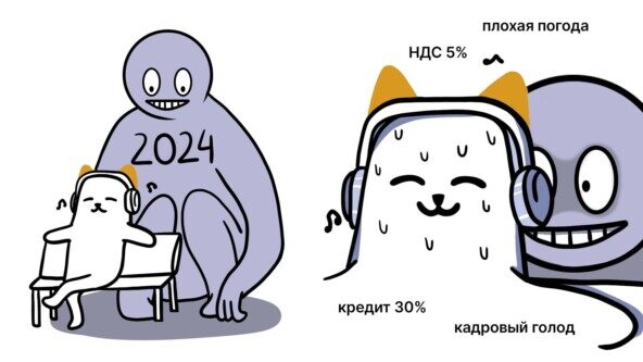 Мем: котик в наушниках игнорирует проблемы 2024 года, такие как НДС и кредиты.