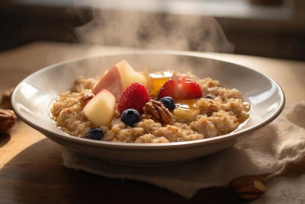 Тарелка овсянки с ягодами и орехами на столе, утренний свет.