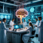 Учёные в лаборатории исследуют цифровую модель мозга, данные на экранах.