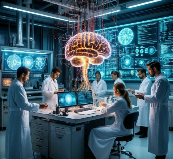 Учёные в лаборатории исследуют цифровую модель мозга, данные на экранах.