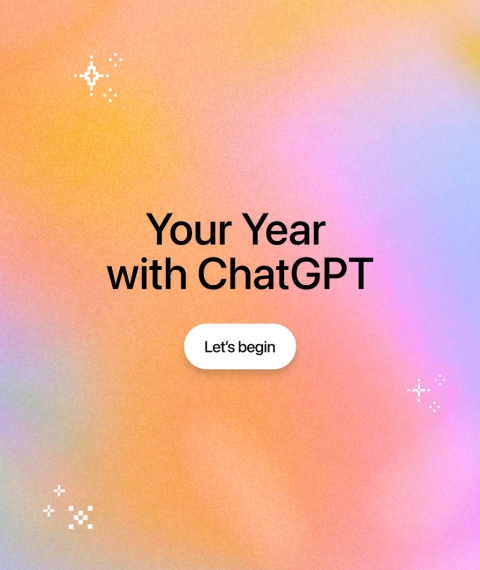 Градиентный фон с текстом "Your Year with ChatGPT" и кнопкой "Let's begin".