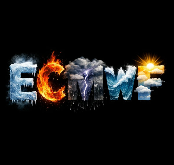 Логотип ECMWF: буквы из льда, огня, облаков, воды и солнца, символизирующие природные элементы.