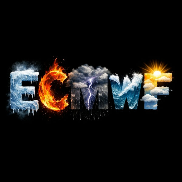 Логотип ECMWF: буквы из льда, огня, облаков, воды и солнца, символизирующие природные элементы.