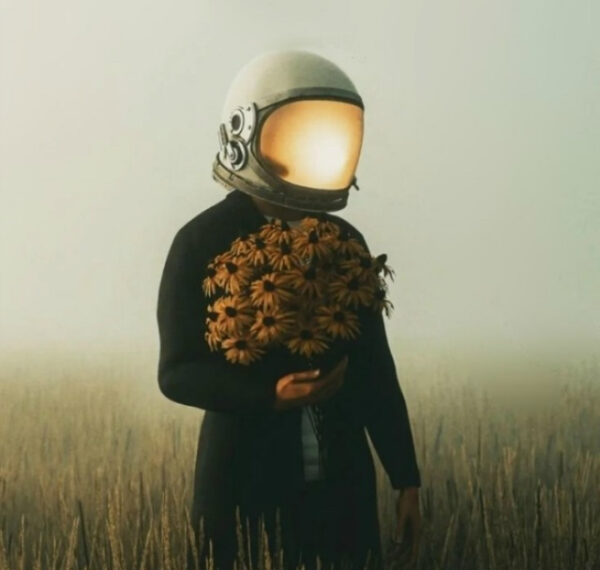 Астронавт в поле с букетом цветов под пасмурным небом.