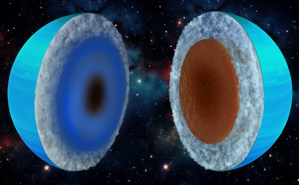 Схема внутреннего строения ледяного гиганта в космосе, синие и коричневые слои.