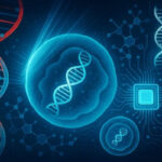 ДНК и клетки на фоне структур и схем, символизирующих генетику и биотехнологии.
