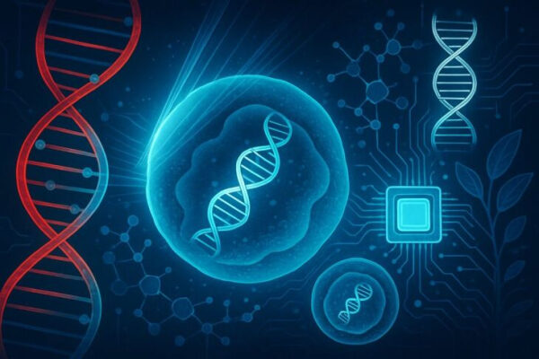 ДНК и клетки на фоне структур и схем, символизирующих генетику и биотехнологии.