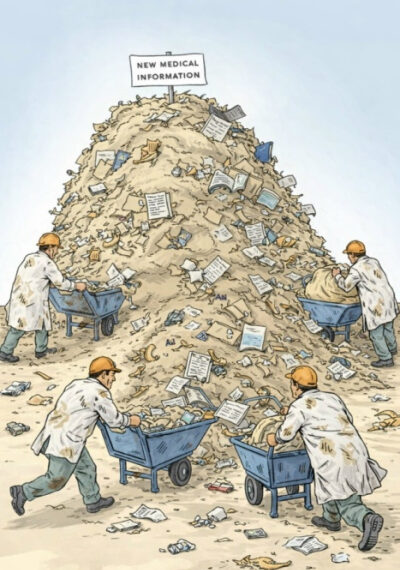 Учёные в халатах свозят новые медицинские данные на гору из бумаги и файлов.