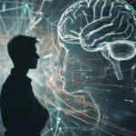 Силуэт на фоне цифрового мозга и сетевых связей, символизирующих технологии и интеллект.