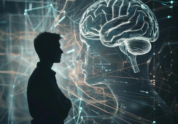 Силуэт на фоне цифрового мозга и сетевых связей, символизирующих технологии и интеллект.