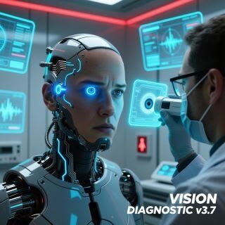 Робот и ученый в лаборатории с экраном диагностики "Vision Diagnostic v3.7".