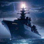 Военный корабль в море, гроза и молнии на фоне ночного неба.