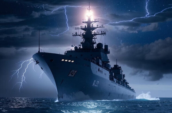 Военный корабль в море, гроза и молнии на фоне ночного неба.