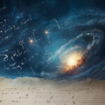 Галактика и математические формулы, изображённые на фоне космоса и древнего манускрипта.