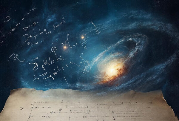 Галактика и математические формулы, изображённые на фоне космоса и древнего манускрипта.