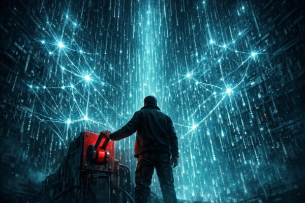 Человек передо множеством светящихся линий, создающий фантастическую атмосферу технологий.