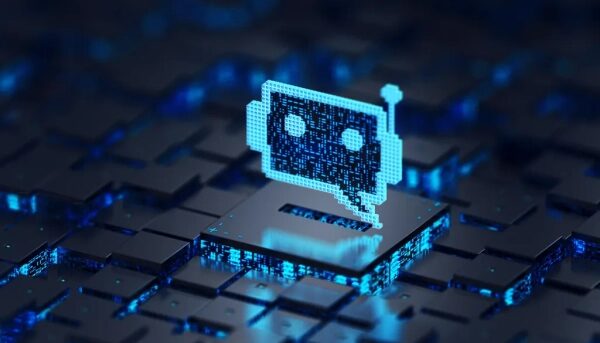 3D-изображение чат-бота из пикселей на фоне темного цифрового узора.