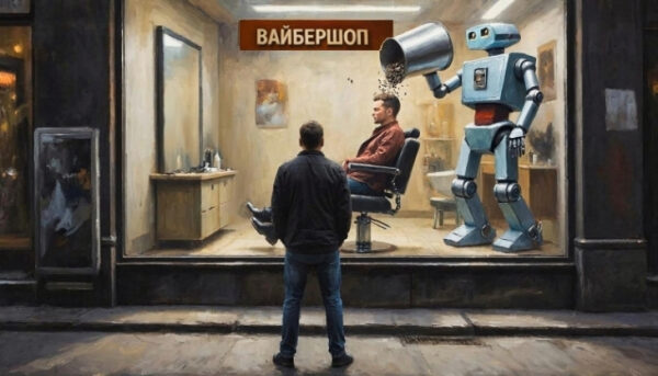 Робот в барбершопе льет кофе на клиента, стоящий человек смотрит через витрину.