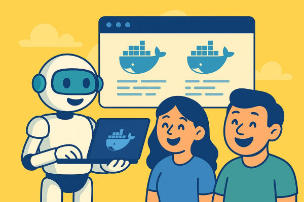 Робот объясняет двум людям использование Docker на ноутбуке и экране.